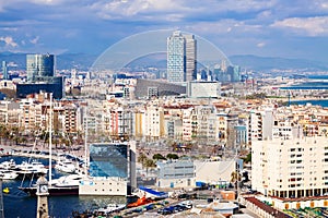 Aerial view of Port Vell and Barcelona seaside