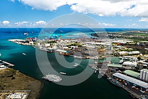 Aerial view of the port on the waterfront of PORT LOUIS, Mauritius, Africa