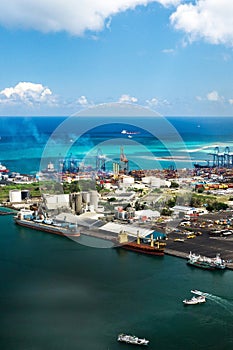 Aerial view of the port on the waterfront of PORT LOUIS, Mauritius, Africa