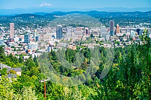 Aerial view of Portland skyline on a beautiful sunny day, Oregon