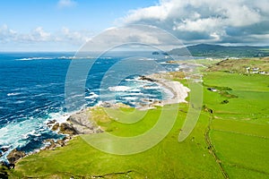 Aerial view of Portmor or Kitters Beach, Malin Head, Ireland\'s northernmost point, famous Wild Atlantic Way