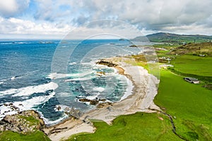 Aerial view of Portmor or Kitters Beach, Malin Head, Ireland\'s northernmost point, famous Wild Atlantic Way
