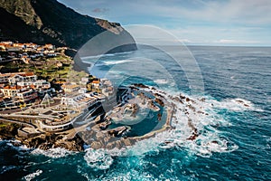 Aerial view of Porto Moniz with volcanic lava swimming pools,Madeira.