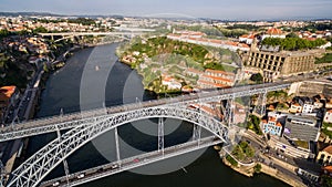 Aerial view of Porto old town and bridge dom luis I over Douro river, Portugal