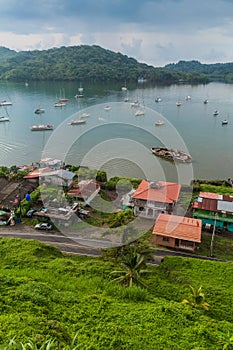 Aerial view of Portobelo village and sail boats, Pana