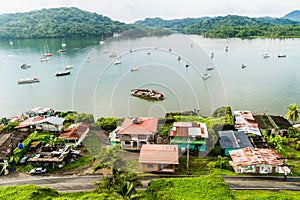 Aerial view of Portobelo village and sail boats, Pana