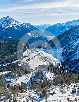 Aerial view of the Poschiavo valley viewed from Alp Gruem on the Bernina pass