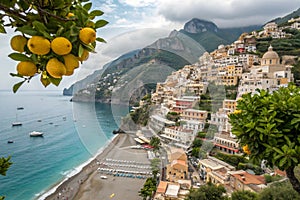 Aerial view of Positano on Amalfi Coast with lemon foreground photo