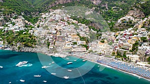 Aerial view of Positano Beach on a beautiful summer day
