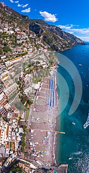 Aerial view of Positano photo, beautiful Mediterranean village on Amalfi Coast Costiera Amalfitana, best place in Italy, travel