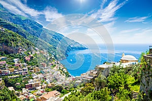 Aerial view of Positano, picturesque town with splendid coastal views on famous Amalfi Coast in Campania, Italy