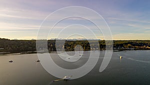 Aerial view of Poulsbo, Washington and Mount Rainier in December of 2020