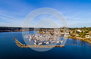 Aerial view of Poulsbo, Washington and Mount Rainier in December of 2020