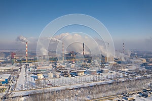 Aerial view of power plant and coal storage. Photo captured with drone