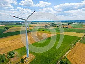 Aerial view of powerful Wind turbine farm for energy production on beautiful cloudy sky at highland. Wind power turbines