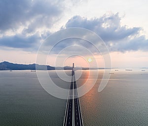 Aerial view of poyang lake second bridge in sunrise