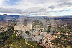 Aerial view of Poza de la Sal castle and village in Burgos, Castile and Leon, Spain .