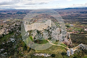 Aerial view of Poza de la Sal castle and village in Burgos, Castile and Leon, Spain .
