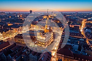 Aerial view on Poznan main square and old city at evening.