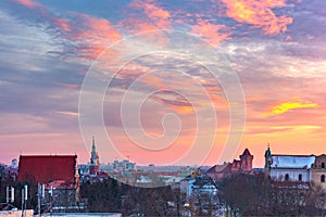 Aerial view of Poznan at sunset, Poland