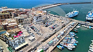 Aerial view of Pozzuoli port from a drone in summer season, Italy