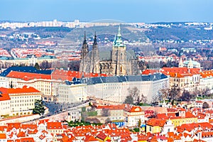 Aerial view of Prague Castle, Czech: Prazsky hrad, with Saint Vitus Cathedral. Panoramic view from Petrin lookout tower