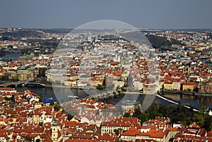 The aerial view of Prague City and Charles Bridge from Petrin Hill
