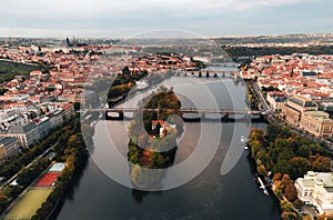 Aerial view of Prague city (Czech Republic) - famous bridges on Vltava river