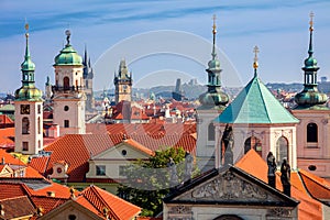 Aerial view of Prague city with red roofs in sunny day, Europe