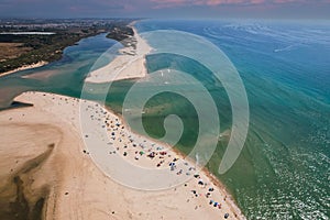 Aerial view of Praia da Fabrica, also known as Praia de Cacela Velha beach, a sandy barrier island at the mouth of the Ria Formosa photo