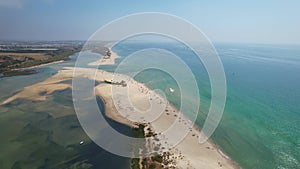 Aerial view of Praia da Fabrica, also known as Praia de Cacela Velha beach, a sandy barrier island at the mouth of the Ria Formosa