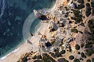 Aerial view of the Praia da Marinha Marinha Beach in the beautiful coast along Lagoa, in Algarve