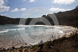 Aerial view of Praia do Meio beach in Fernando de Noronha archipelago, Pernambuco, Brazil photo