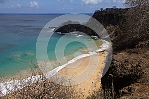 Aerial view of Praia do Sancho beach in Fernando de Noronha archipelago, Pernambuco, Brazil