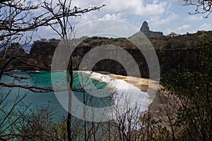 Aerial view of Praia do Sancho beach in Fernando de Noronha archipelago, Pernambuco, Brazil