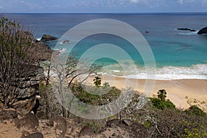 Aerial view of Praia do Sancho beach in Fernando de Noronha archipelago, Pernambuco, Brazil