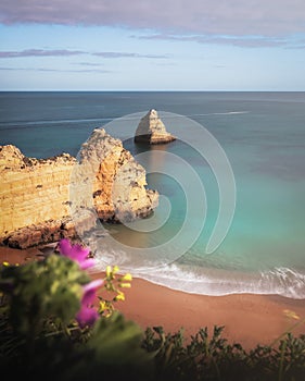 Aerial view of Praia dona Ana Beach - Long Exposure shot - Lagos, Algarve, Portugal