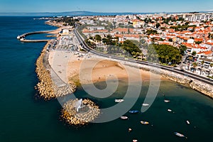 Aerial View of Praia Velha which means Old Beach at Paco de Arcos bay in Oerias, Lisbon Region, Portugal