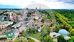 Aerial view of Prater amusement park and Vienna cityscape, Austria