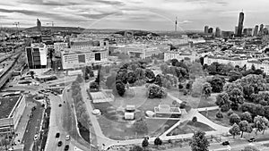 Aerial view of Prater amusement park and Vienna cityscape, Austria