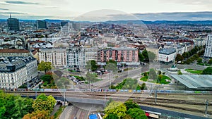 Aerial view of Prater amusement park and Vienna cityscape, Austria