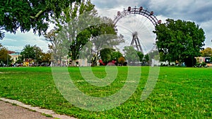 Aerial view of Prater amusement park and Vienna cityscape, Austria