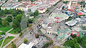 Aerial view of Prater amusement park and Vienna cityscape, Austria