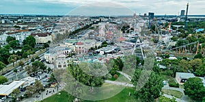 Aerial view of Prater amusement park and Vienna cityscape, Austria
