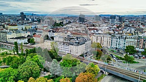 Aerial view of Prater amusement park and Vienna cityscape, Austria