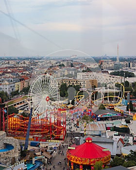 Aerial view of Prater amusement park through a window Austria