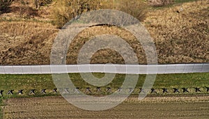 Aerial view of the preserved border fortifications on the German-German border between the FRG and the GDR