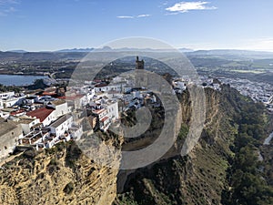 aerial view of the pretty white village of Arcos de la Frontera in the province of Cadiz, Andalusia.