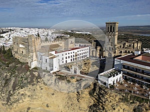 aerial view of the pretty white village of Arcos de la Frontera in the province of Cadiz, Andalusia.