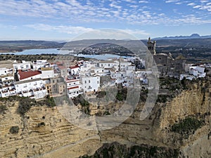 aerial view of the pretty white village of Arcos de la Frontera in the province of Cadiz, Andalusia.